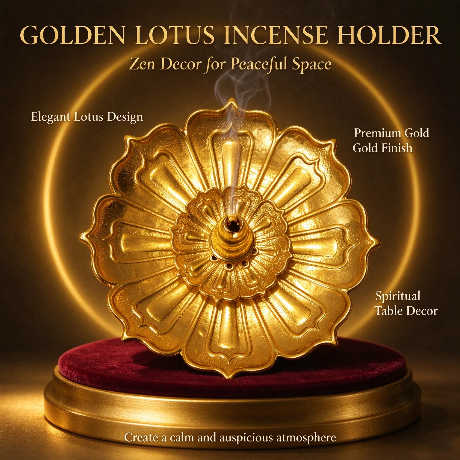 Golden Lotus Incense Holder Metal Incense Burner Tabletop Decor Peaceful Atmosphere Spiritual Ornament Gift Arabic Style Decor