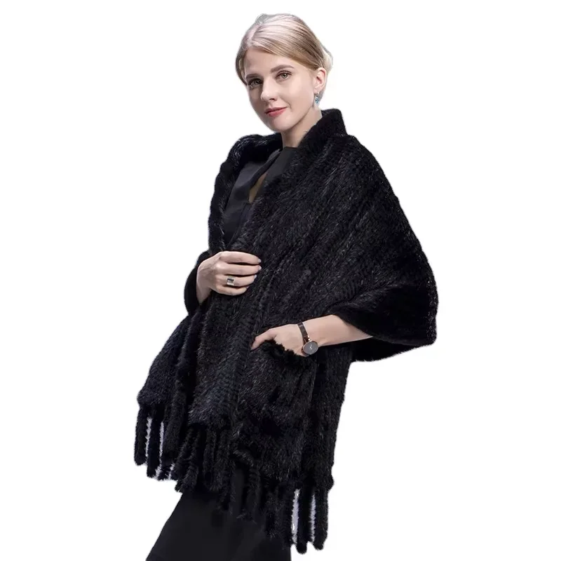 Hand Knitted Lady's Winter Mink Fur Scarf Shawl with Pockets Adult Winter Warm Accessory