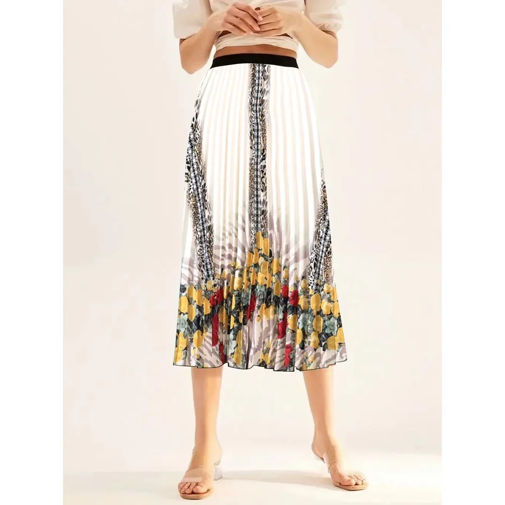 Women's Elastic Waist Niche Spring/summer New Print Medium Length Pleated Large Hem A-line Skirts