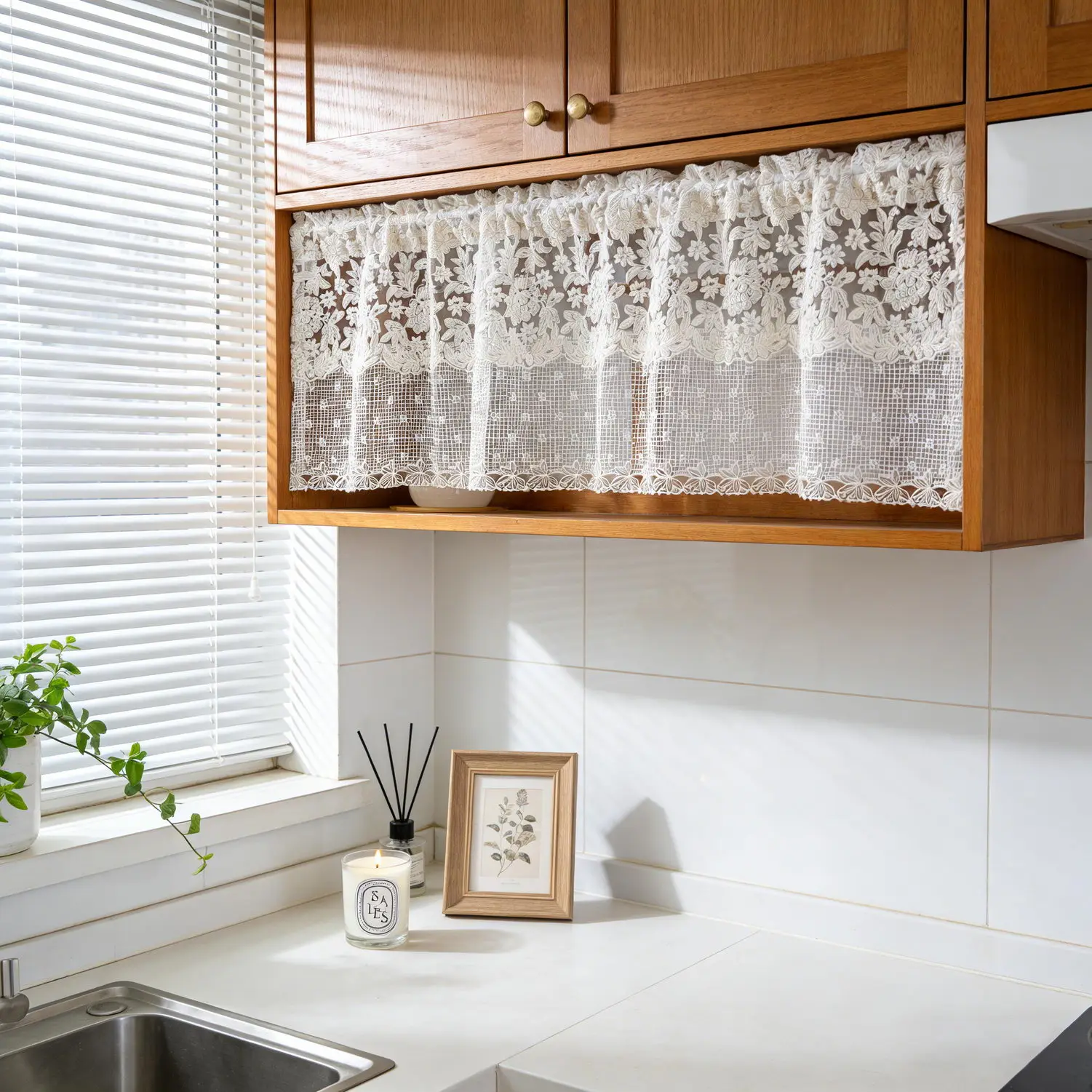 1PC French Lace Floral Hollow Short Curtain for Kitchen Door Small Window Drape Study Home Decoration