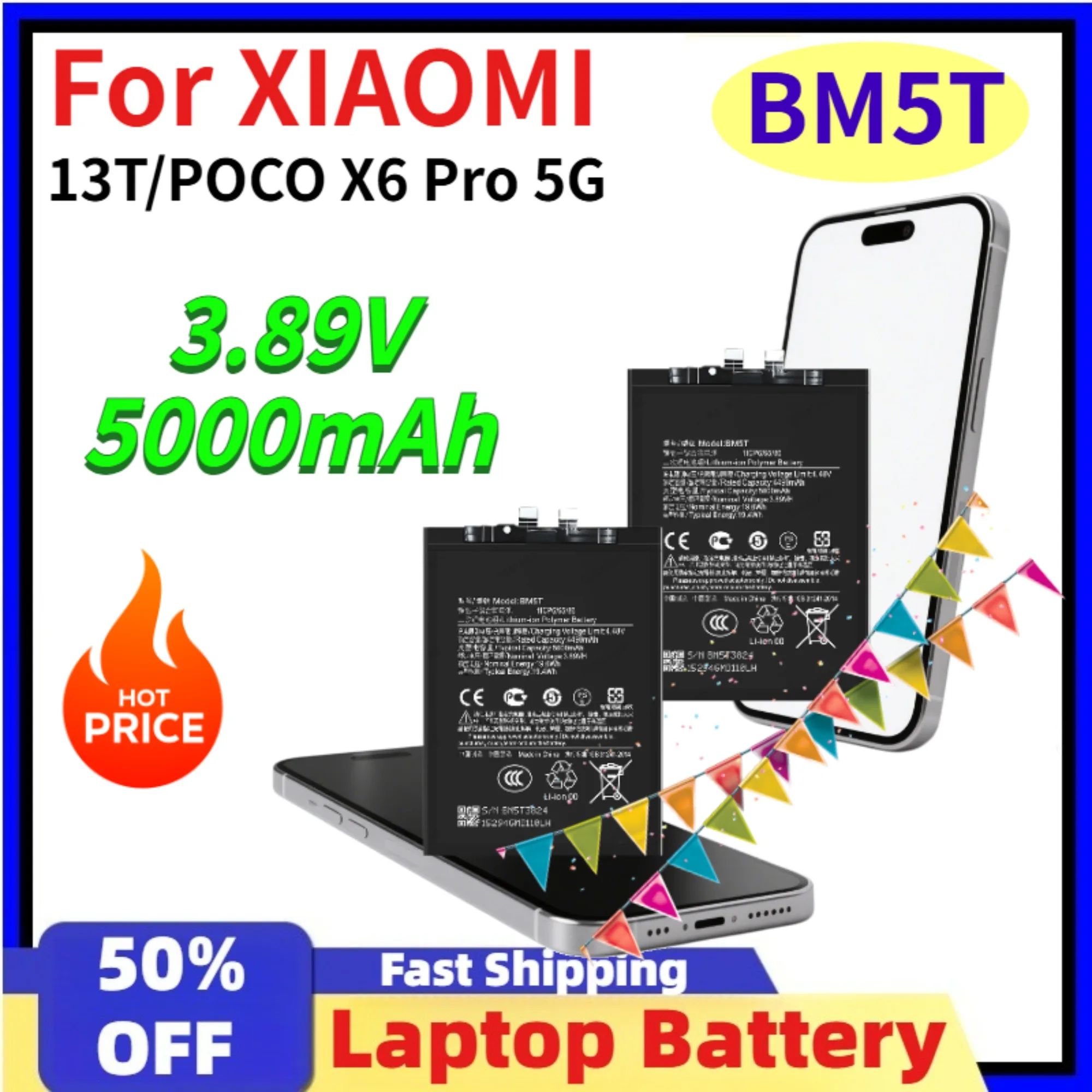 BM5T 3.89V 5000mAh Mobile Phone Batteries for XIAOMI 13T/POCO X6 Pro 5G Zero Cycles Replaceable Lithium Battery + Free Tools