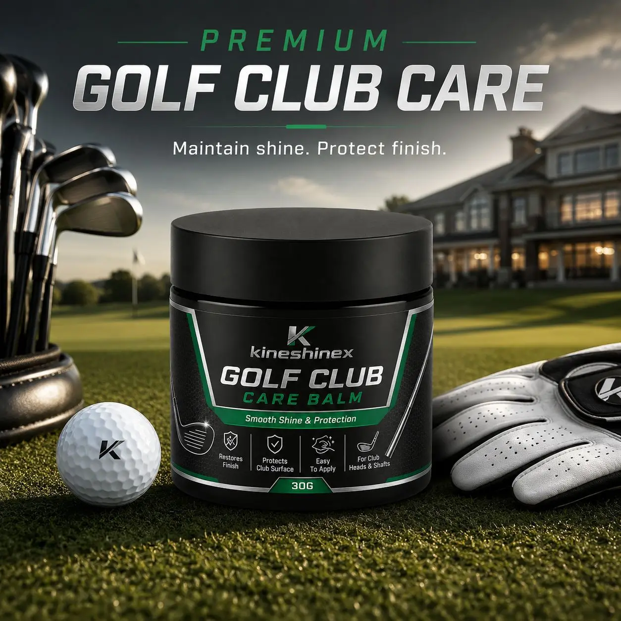 30g Golf Club Care Balm with Sponge, Club Head & Shaft Cleaner Polish, Restores Shine, Surface Protection, Easy Apply Golf Care