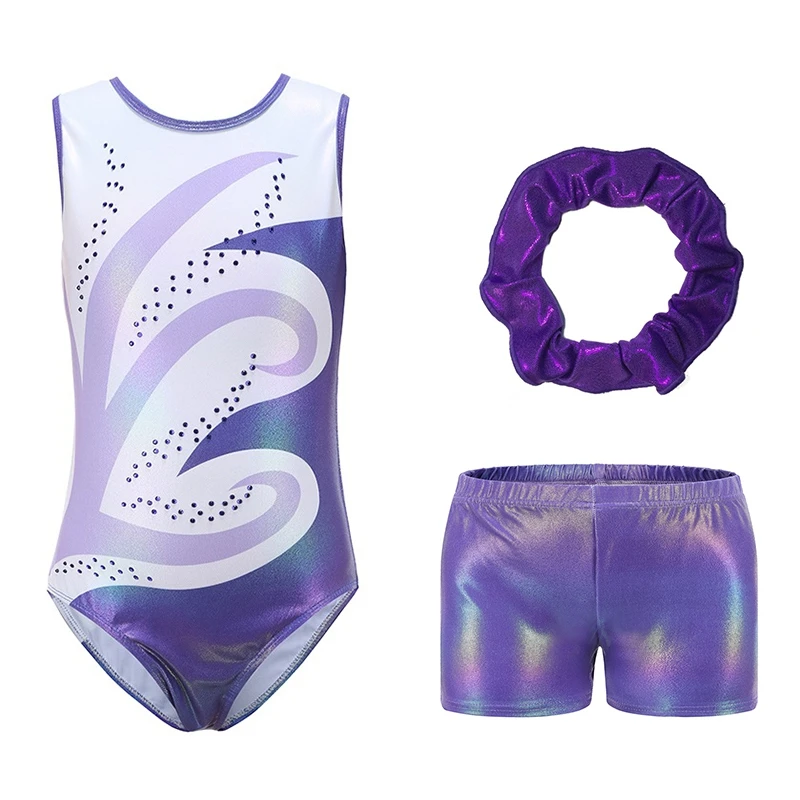 Gymnastic Suit With Body Shorts Hair Band Kids Girls Patchwork Printed Leotard Sleeveless Jersey Jumpsuit Tracksuit Gym Suit