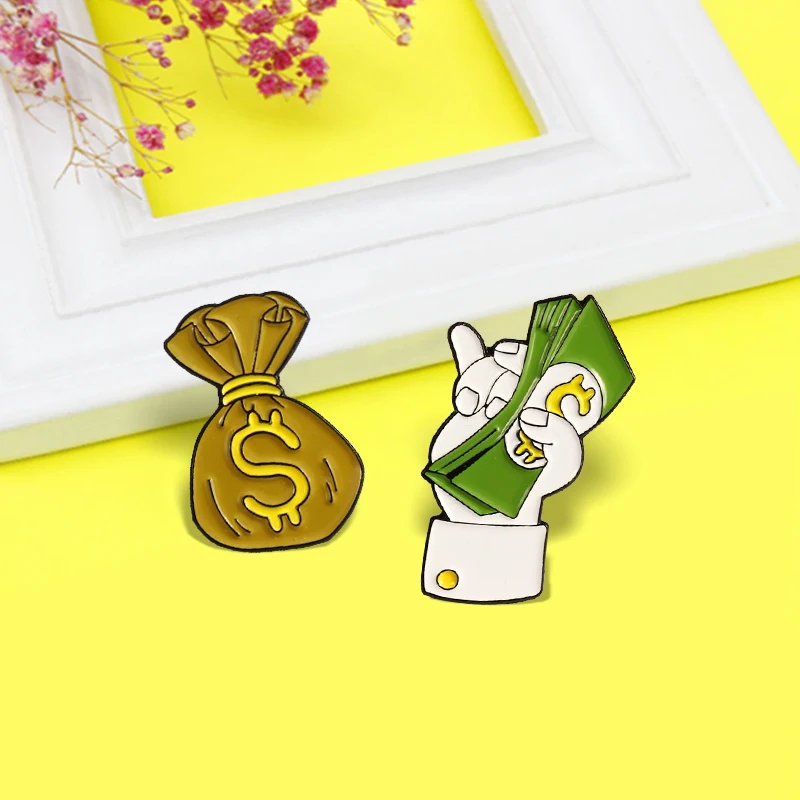 Cartoon $ Dollar Purse Enamel Pin Angel Wings Banknote Gold Coin Bag Brooches Lapel Backpack Badge Jewelry Gift Accessories