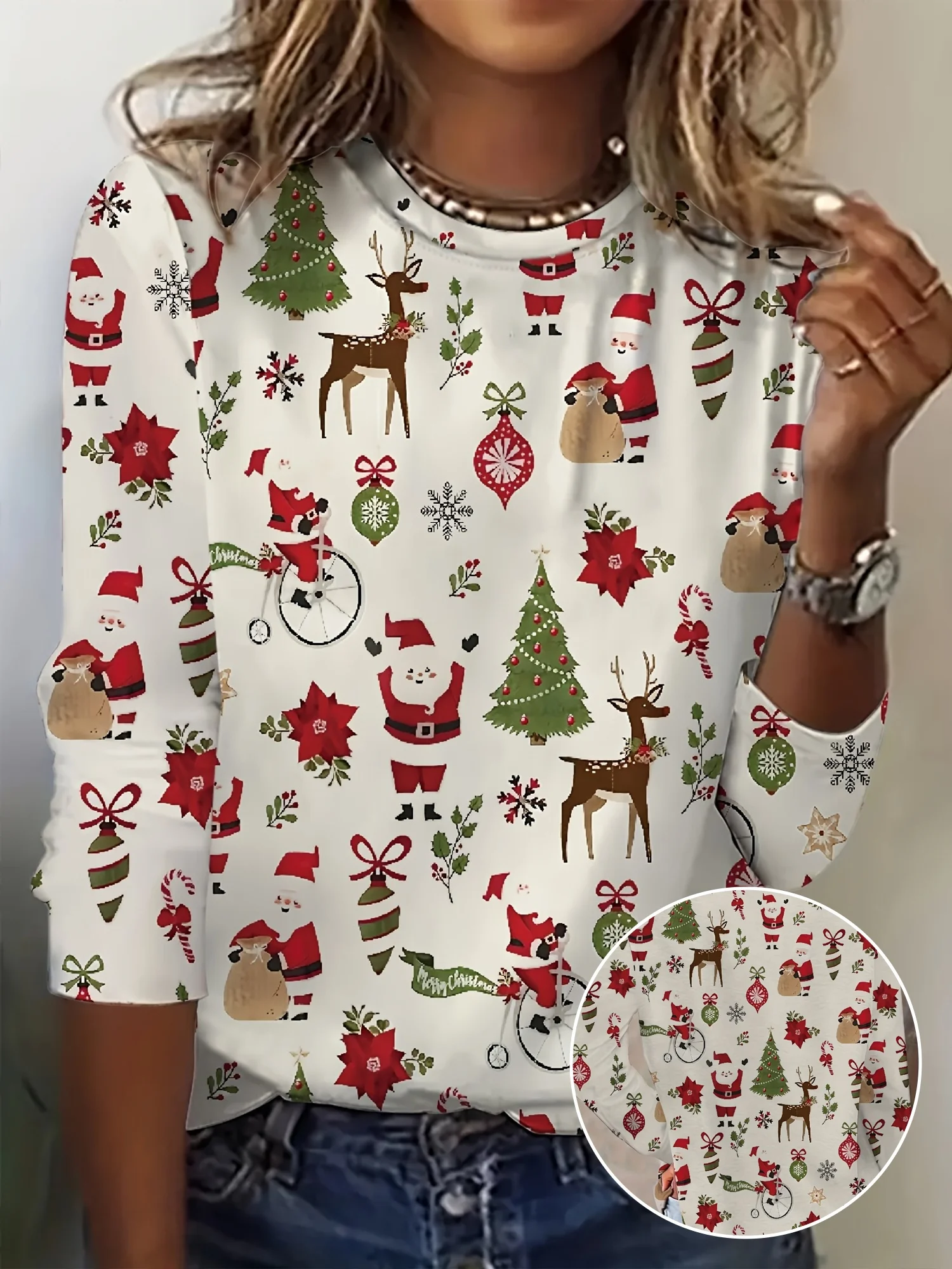 Women Round Neck Long Sleeve T‑Shirt Christmas Santa Reindeer Tree Full Print Festive Holiday Casual Party Top Women's Clothes