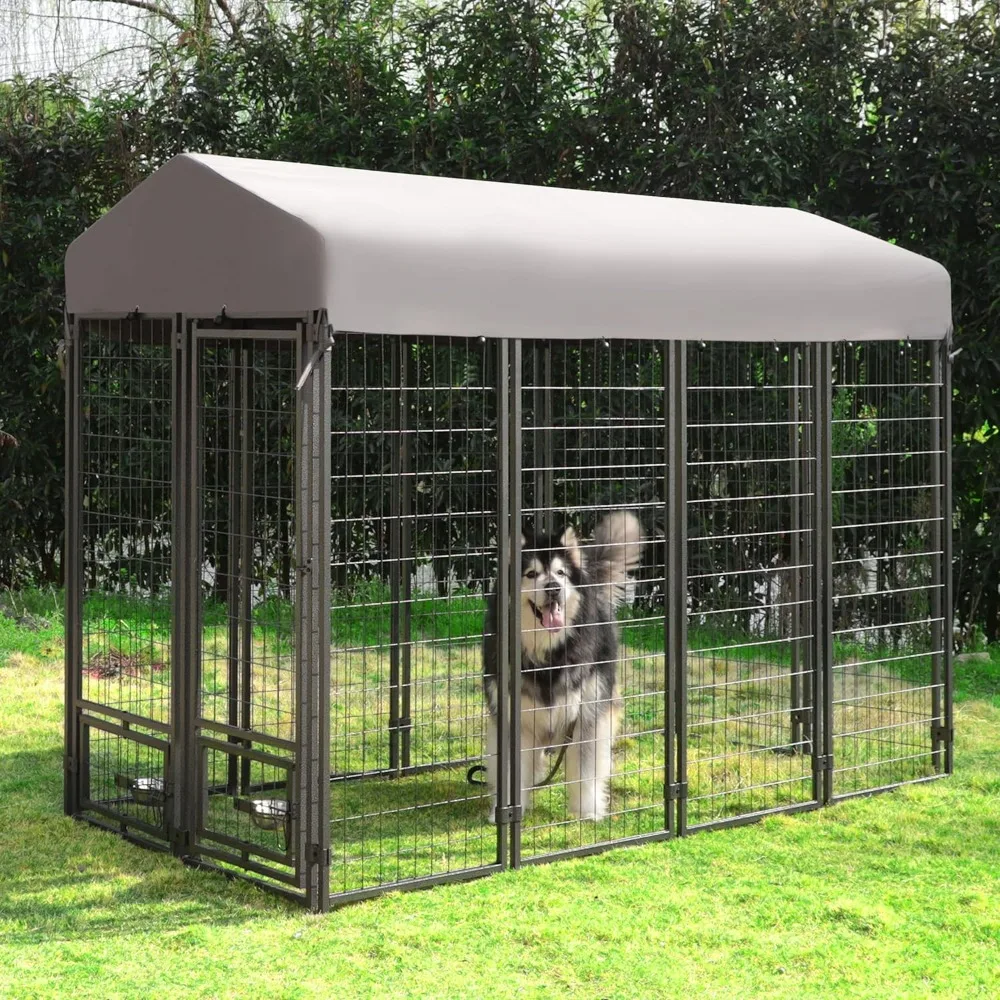 Dog Kennel Outdoor Indoor with Roof and Rotating Feeding Doors Large Dog Enclosure Dog Playpen House Heavy Duty with Canopy