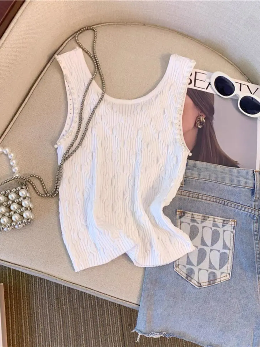 Female 2024 New Beading Lingge Small Fragrant Knitted Tank Top Outwear Strap Camisole Instagram Fashion Top