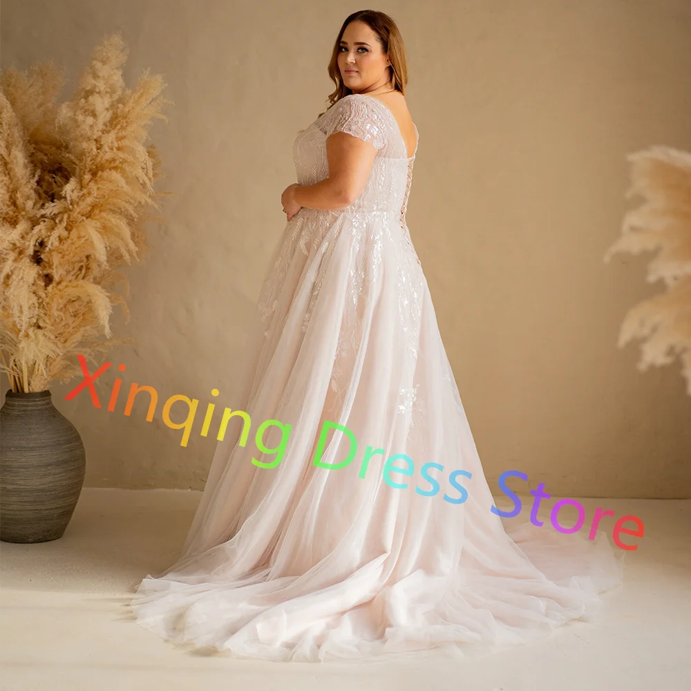 Plus Size Tulle scollo a v abiti da sposa classico maniche corte Lace Up Back Sweep Train Appliques corsetto abiti da sposa su misura