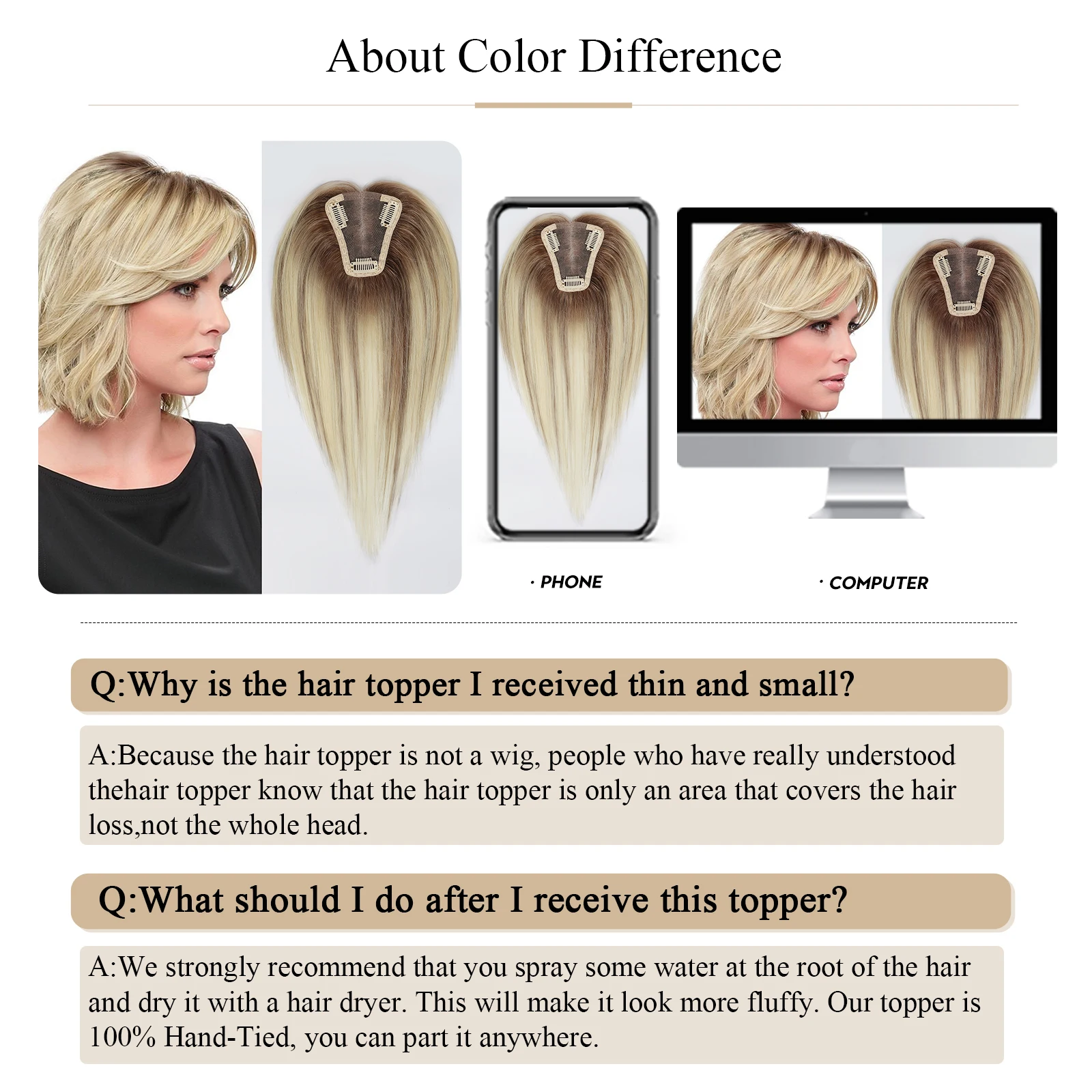 Ombre Brown 12 Inches Topper With Clips Brown Blonde Highlights Hair Toppers for Women Real Remy Human Hair Piece Hair Extension