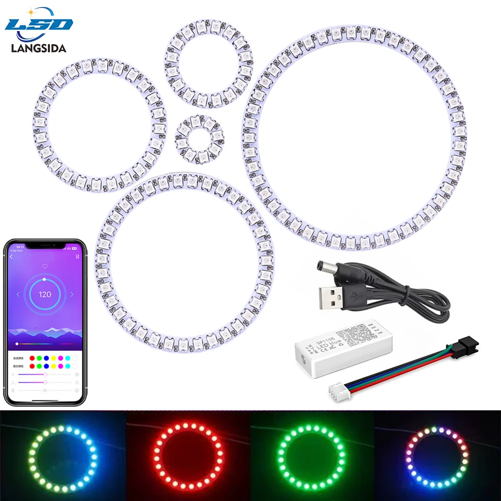 

USB DC5V WS2812 COB RGB LED Ring Individually Addressable with SP110E Bluetooth APP Controller 8 16 24 35 45 128 LEDs/m Dimmable
