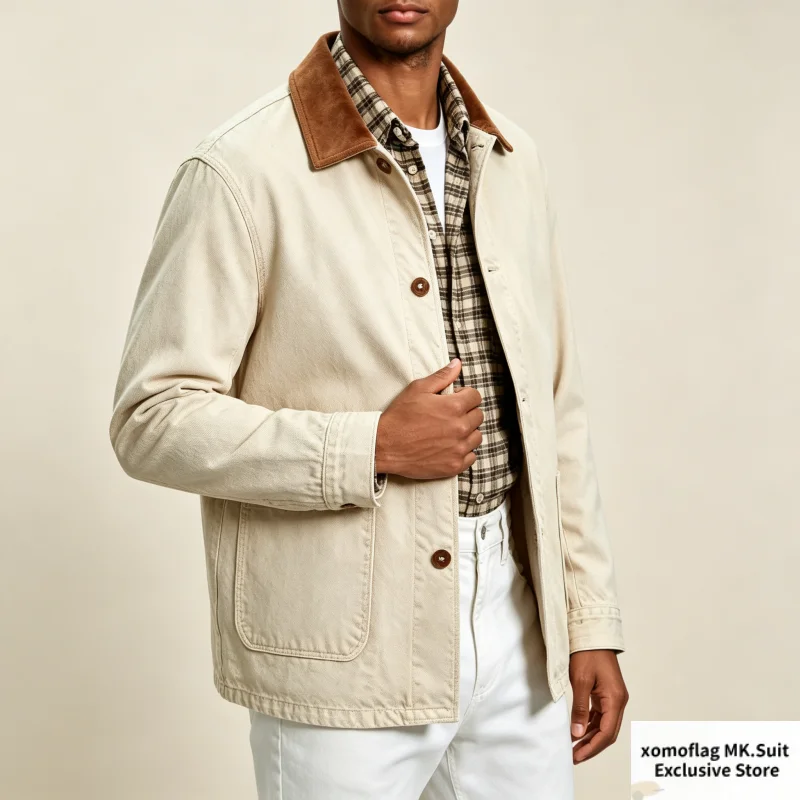 New Mens Lightweight Jackets Denim Cotton Suit Blazer Collar Splicing Suede Cotton Beige Blue Vintage Spring  Autumn Casual Coat