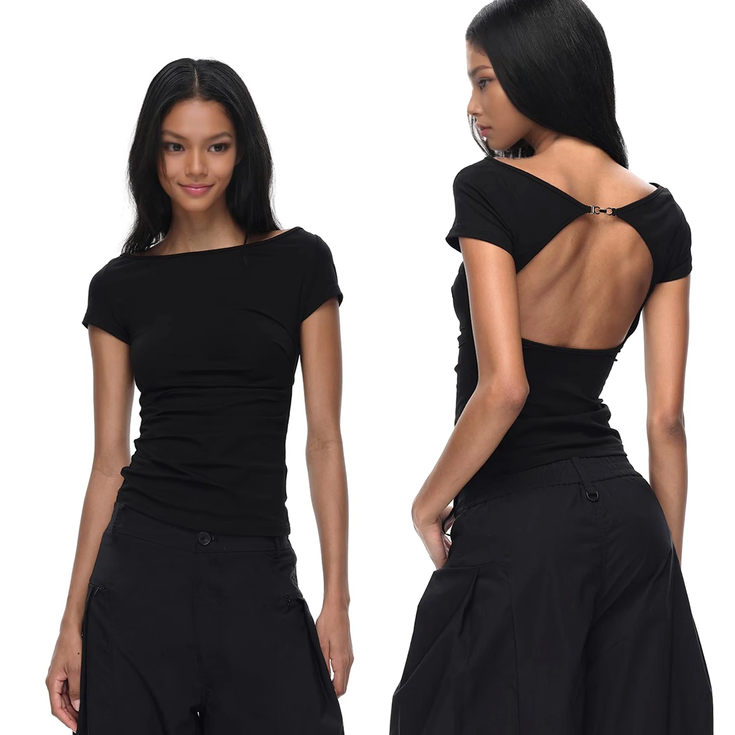 تي شيرت C-GEM-Women بدون أكتاف بدون ظهر - تصميم بسيط، مقاس نحيف، مقاس خصر، قميص علوي متعدد الاستخدامات بأكمام قصيرة