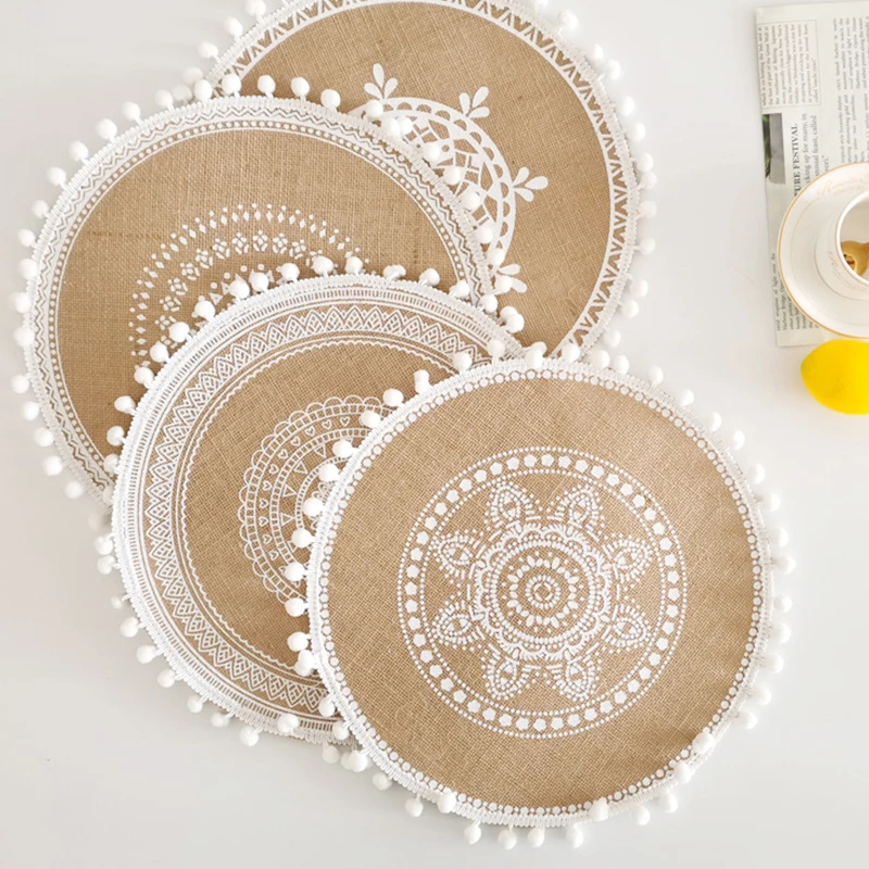 Bohemian Round Placemat 38cm Woven Jute Fringe Table Mats with Tassel for Dining Room INS Hot Table Decors