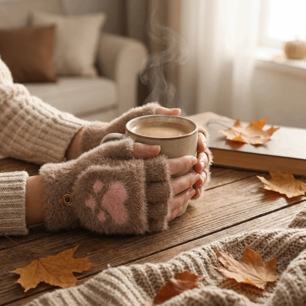 Cute Soft Cat Paw Gloves Flip Up and Down Thicken Half Finger Gloves Short Fingerless Cozy Warm Plush Mittens Adults