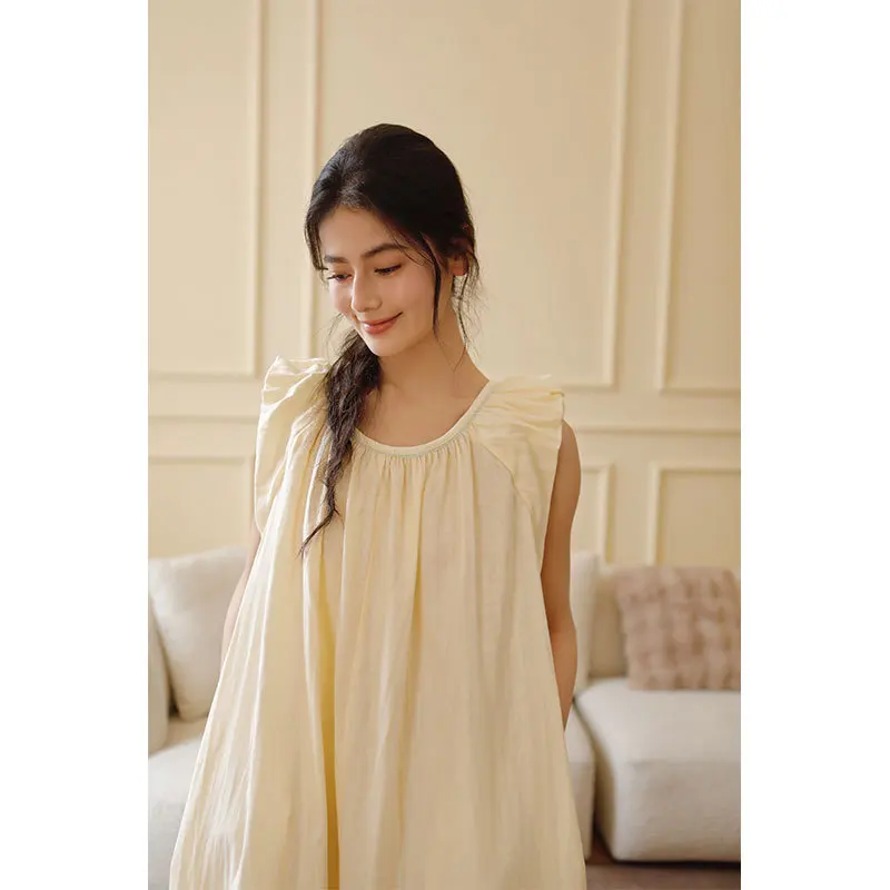 ثوب نوم نسائي من القطن الشاش بحزام على شكل فيونكة خلفية مجوفة بتصميم كسول فستان نوم فضفاض بدون أكمام ورقبة دائرية بلون سادة #4