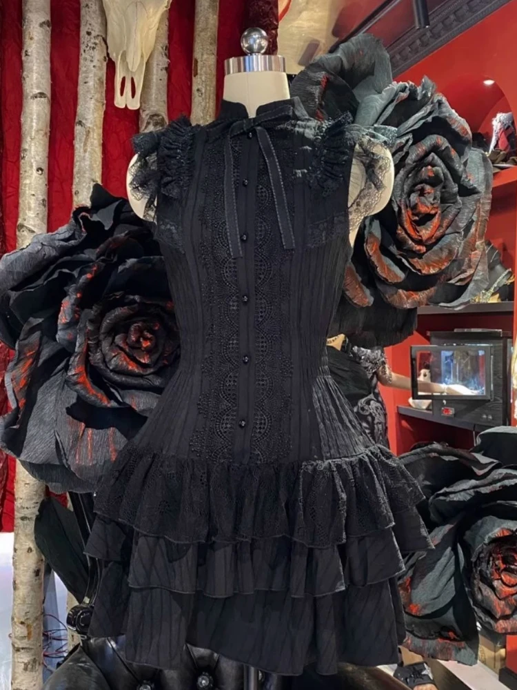Black Gothic Vintage Slim Lace Summer Dress Women Y2k Design Sense Skinny Dresses New Fashion Female Hottie Retro Outfits 2025 - Image 6