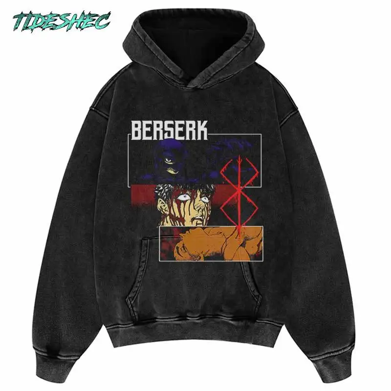 Vintage Black Hoodie Hip Hop Bleeding Boy Graphic Print Washed Sweatshirt Streetwear Men Harajuku Hooded Pullover 420GSM