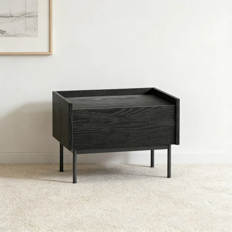 Modern Minimalist Nightstand with Wood Drawer Storage and Metal Legs, Bedside Table for Bedroom Living Room Small Space
