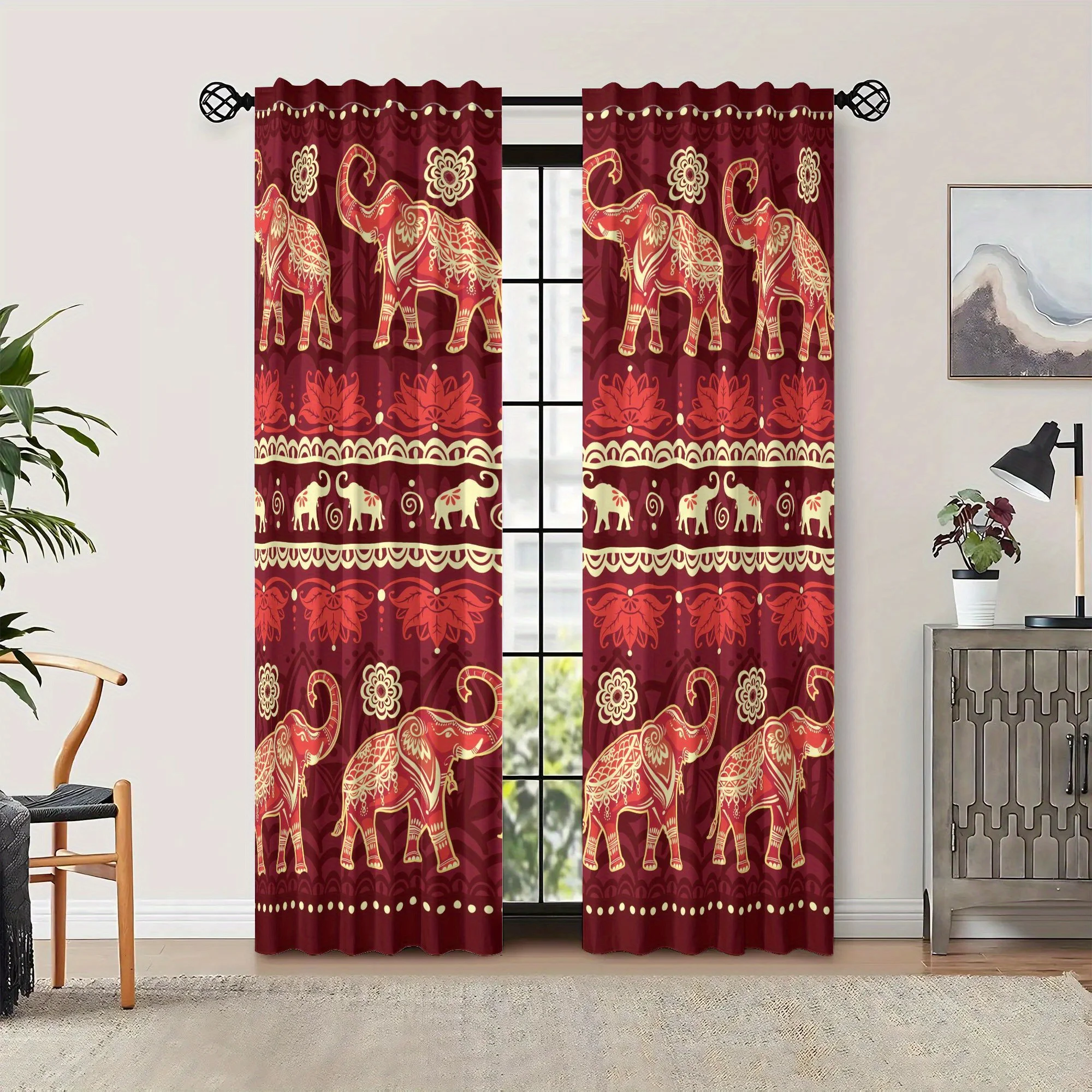 National style vintage elephant curtains, pole-mounted installation. Suitable for living rooms, bedrooms dining rooms and hotels