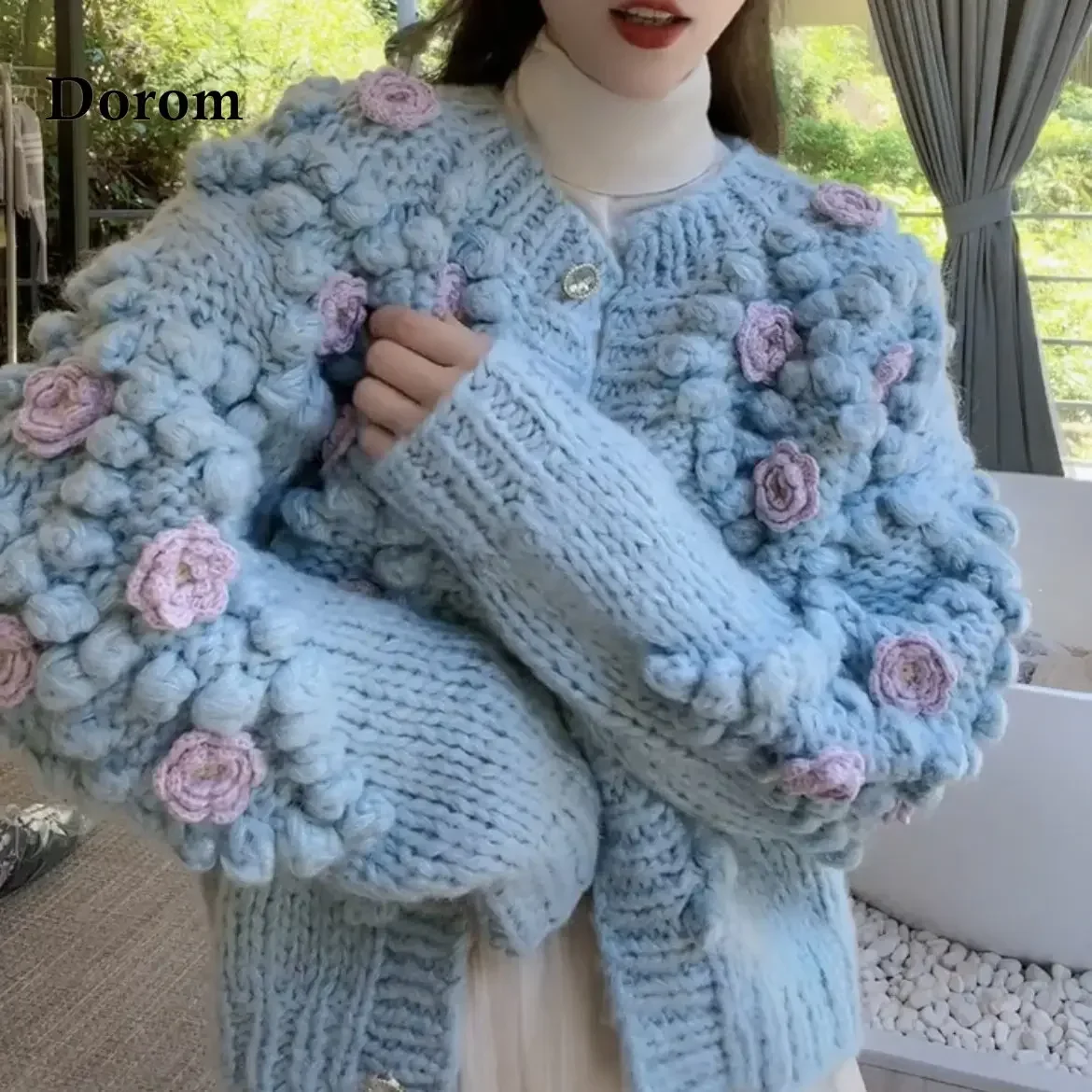 Vintage Flower Crochet Knitted Cardigan Women Autumn Japanese Lantern Sleeve Loose Sweater Coat Thick Warm Casual Knitwear Top