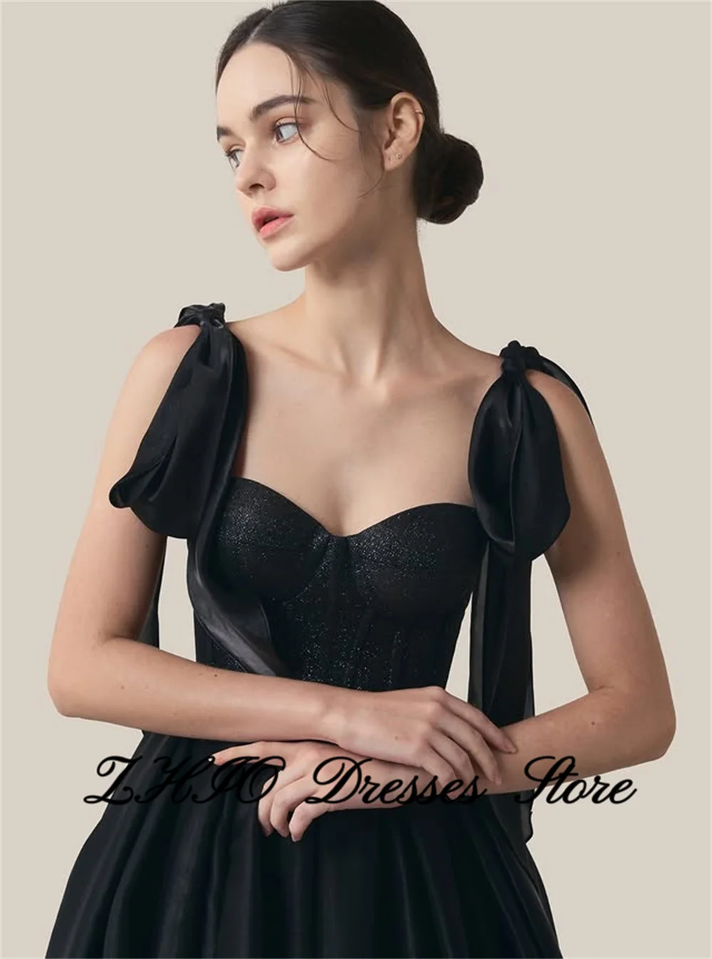 ZHIO Modern Black Sweetheart Collar Wedding Party Dress Strap Floor Length Korea PhotoShoot Bridal Reception Evening Gown Custom