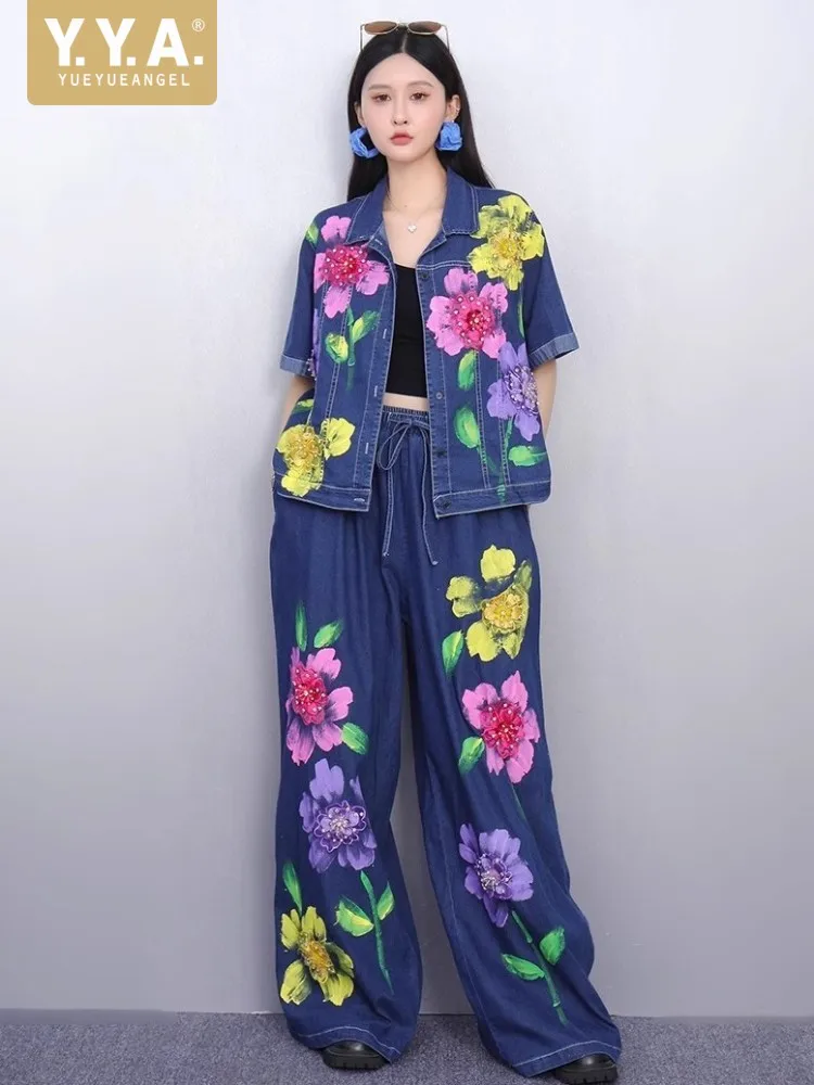 

Women Flower Printed Short Sleeve Jacket High Waist Wide Pants Summer Two Piece Set Fashion Loose Fit High Steet Casual Sets