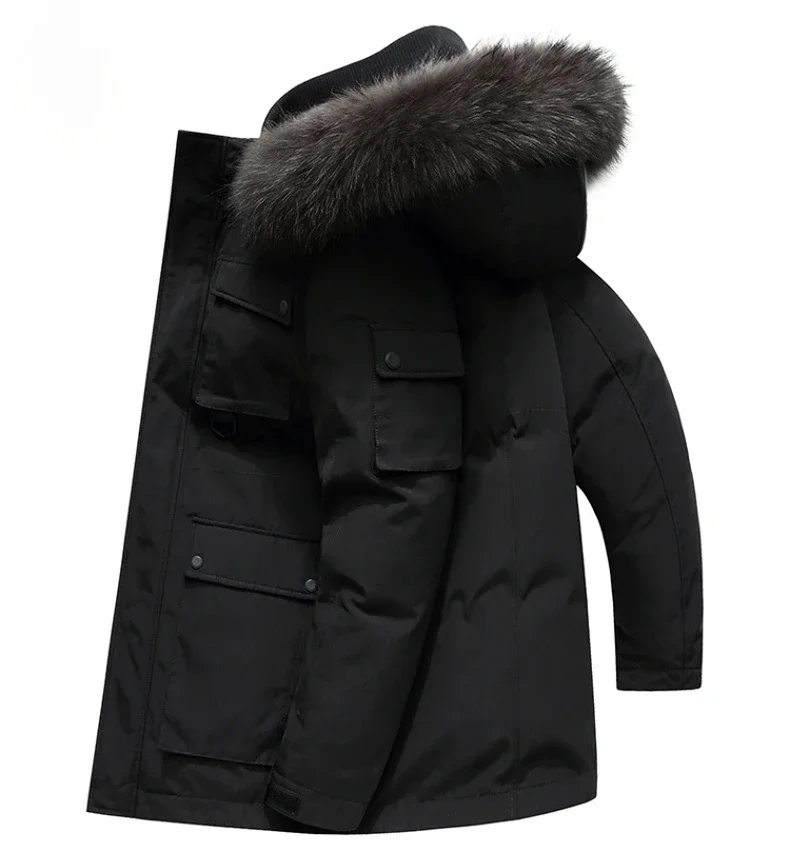 Winter Ski Donsjack Heren Lange Casual Dikke Warme Bontkraag Witte Eendendons Parka High-End Werk Mannelijke Waterdichte Jas Met Capuchon