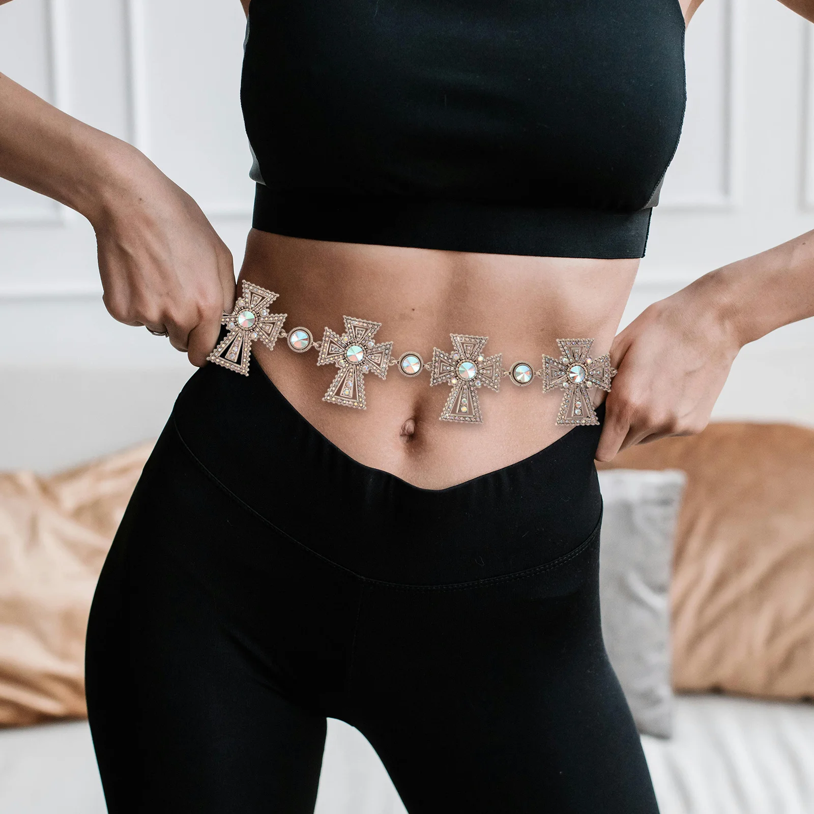 Cowgirl Rhinestone Chain Belt Adjustable Golden Cross Waist Chain Punk Metal Body Jewelry for Party Festival Outfits