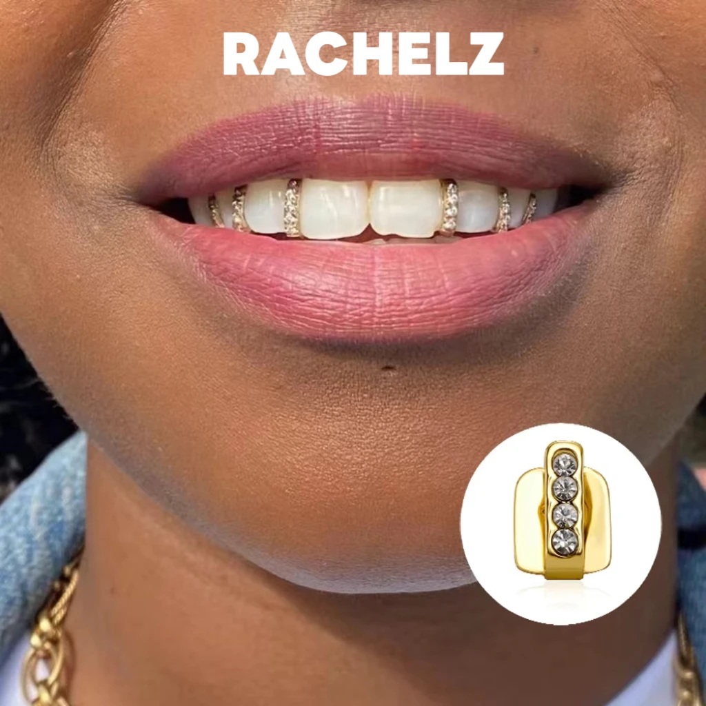 RACHELZ moda CZ piedra barra Vertical dientes Grillz tirantes Hip Hop 4 tapas de dientes de circón parrillas dentales para mujeres hombres joyería