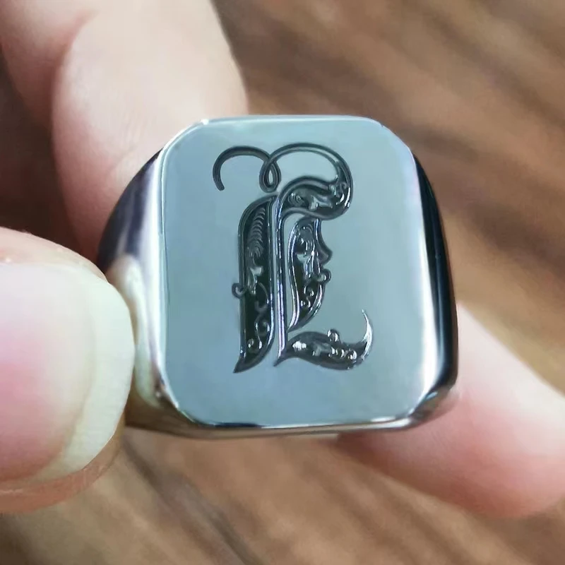 

Retro Initials Signet Ring for Men 14mm Heavy Stamp Stainless Steel Customizable Male Band with Letters Charm Jewelry Gift
