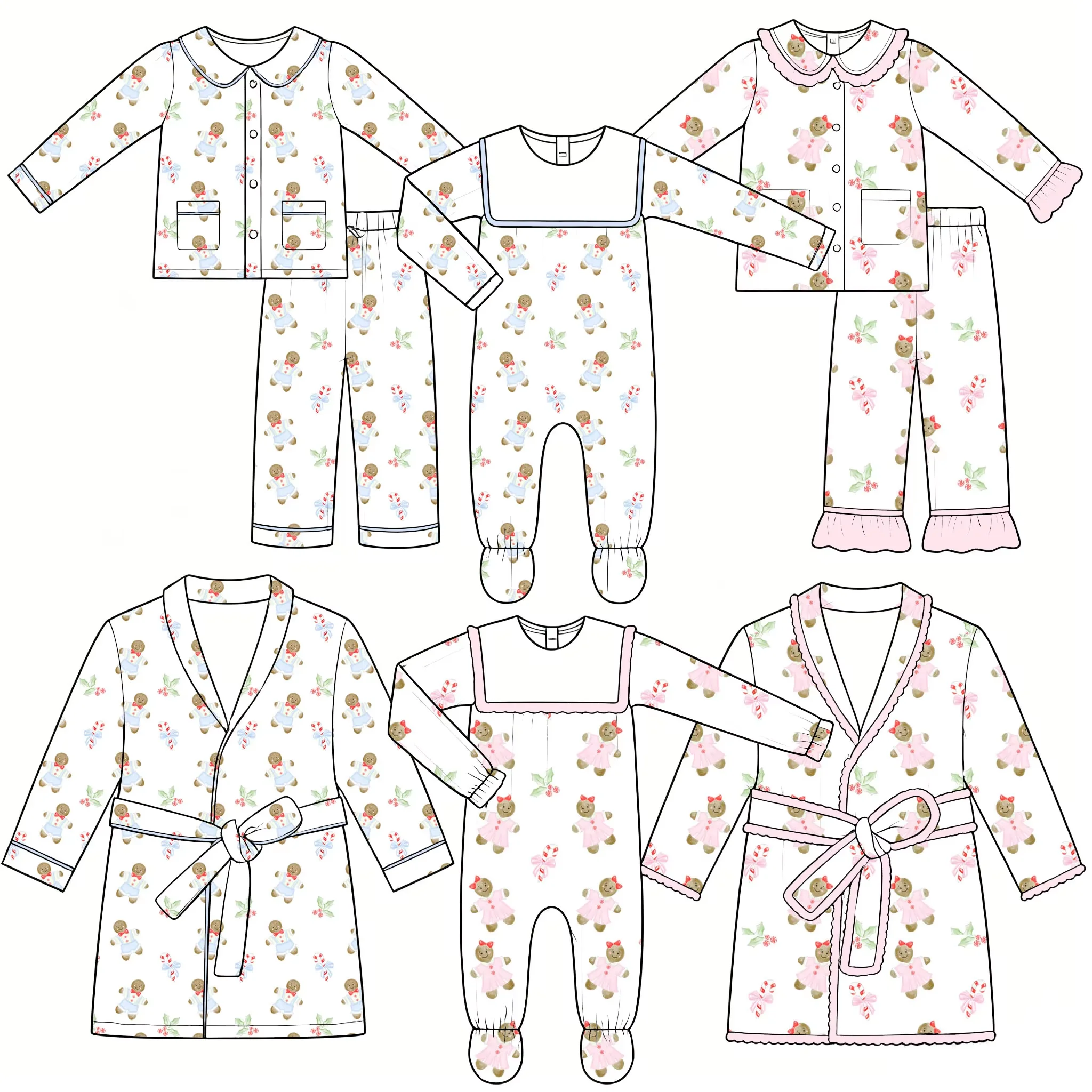 New Boy Girls Christmas Clothing Gingerbread Doll Candy Cane Baby Romper 2Pcs Pajamas Bath Robe Kids Xmas Set