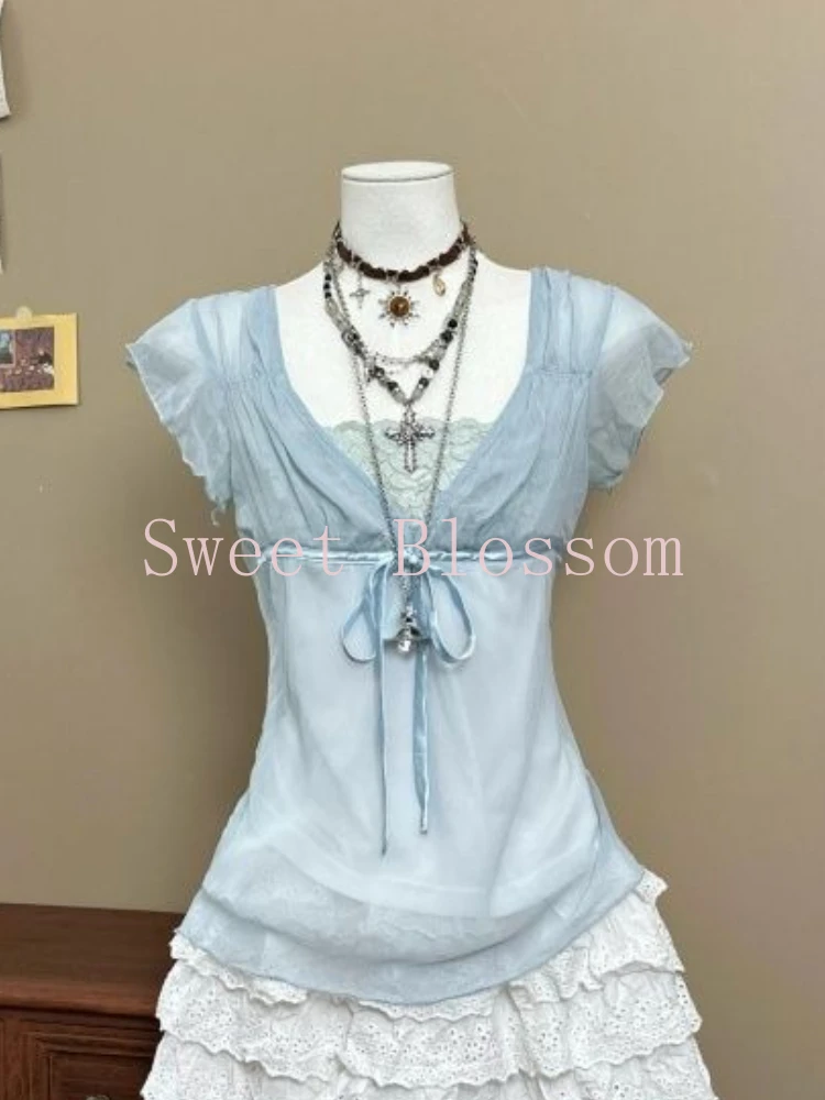 Conjunto de 2 piezas liso Vintage japonés para mujer, Tops falsos de dos piezas + Mini falda con forma de pastel, trajes de verano Retro ajustados de Hada Kawaii JK