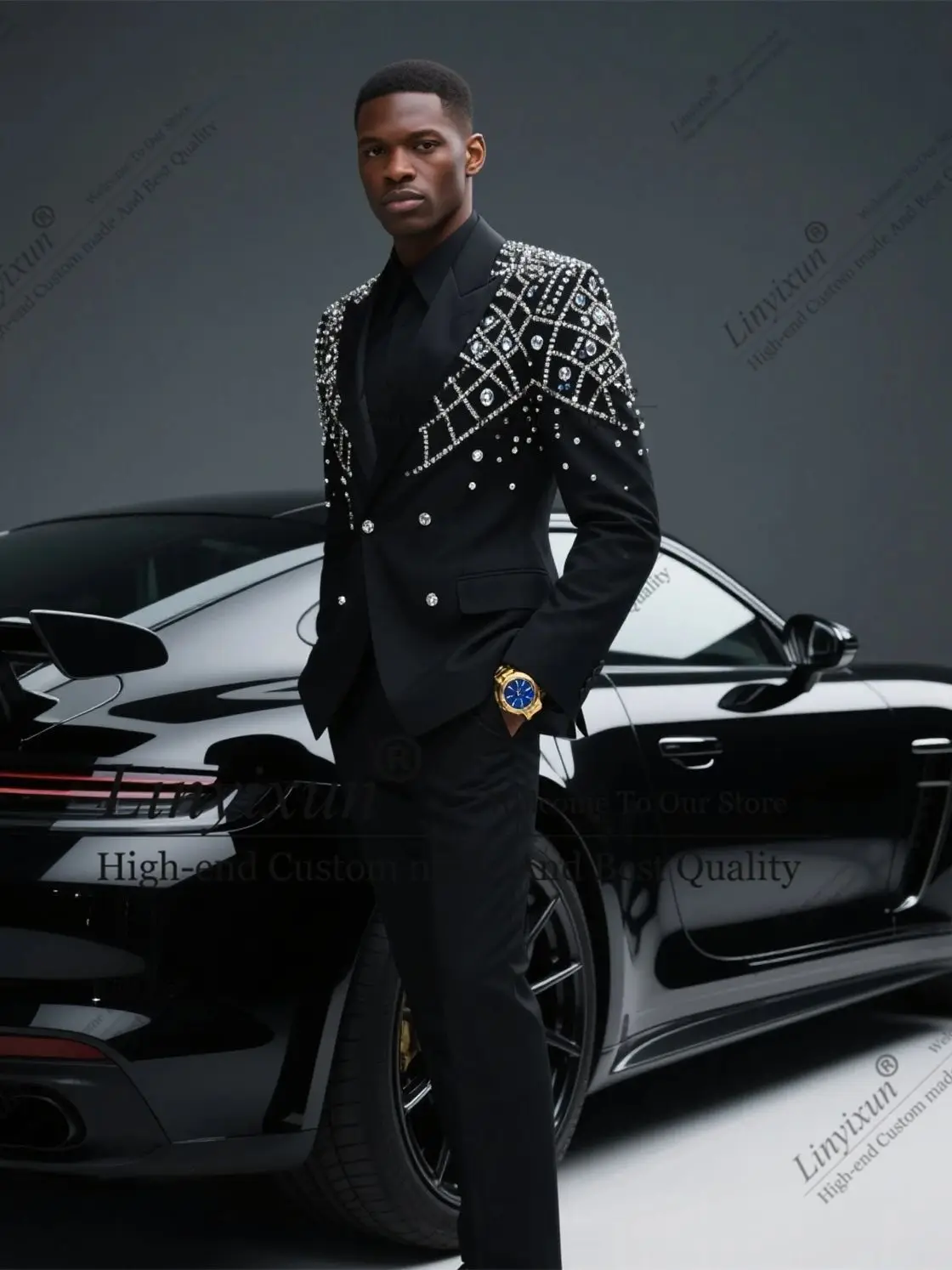 

Unique Style Diamond Ornament Men Suits 2 Pieces Groom Male Blazers Slim Fit rajes para hombre Customized Wedding Tuxedos