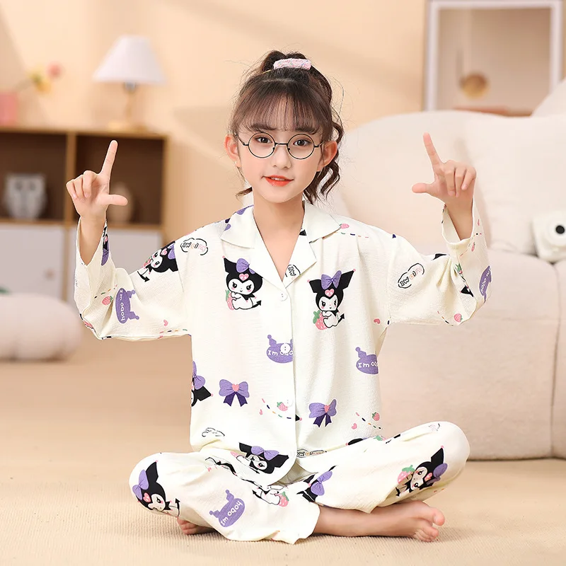 Sanrio Girls' Pajamas and Pajamas Spring and Autumn New Cotton Long-Sleeved Cute Set Home Clothes Cartoon Kuromi My Melody