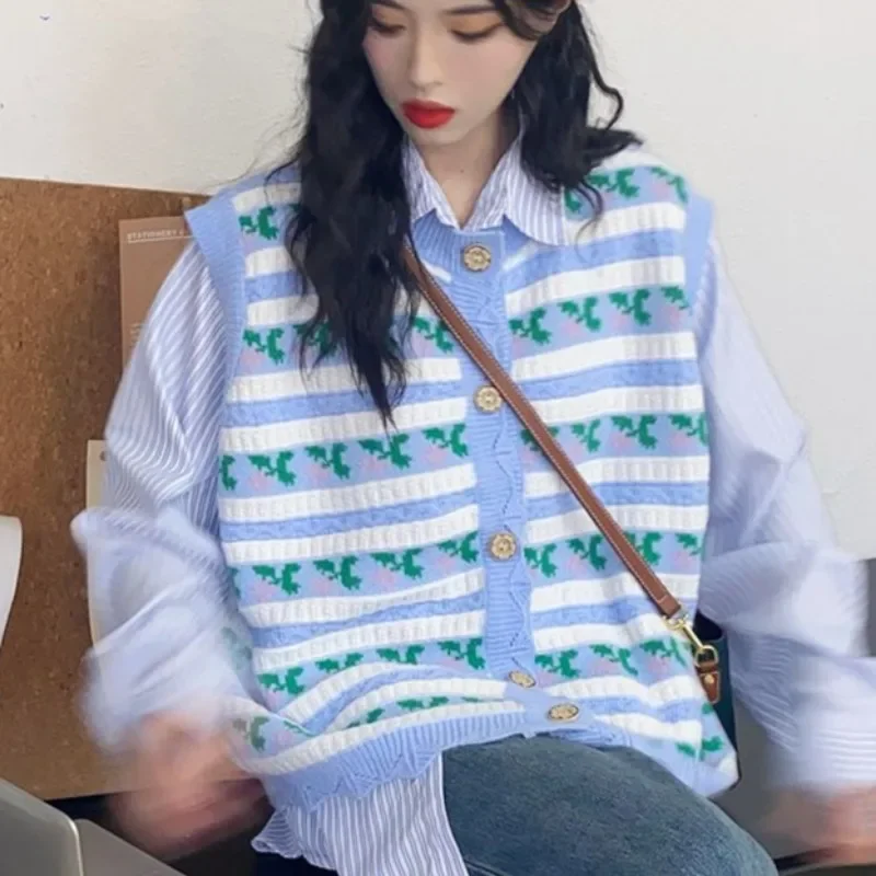 

Knitted Sweater Vest for Women Korean Style Spring Autumn Casual Tops College Young Ins Single Breasted O-neck Popular Printed