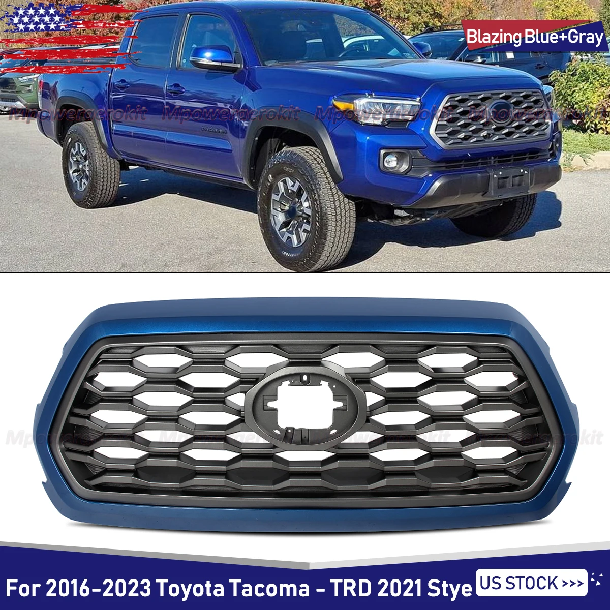 For 2016-2023 Toyota Tacoma 2021 TRD Honeycomb Front Bumper Grille Upper Grill Modified Grille Assembly Blazing Blue Magickit