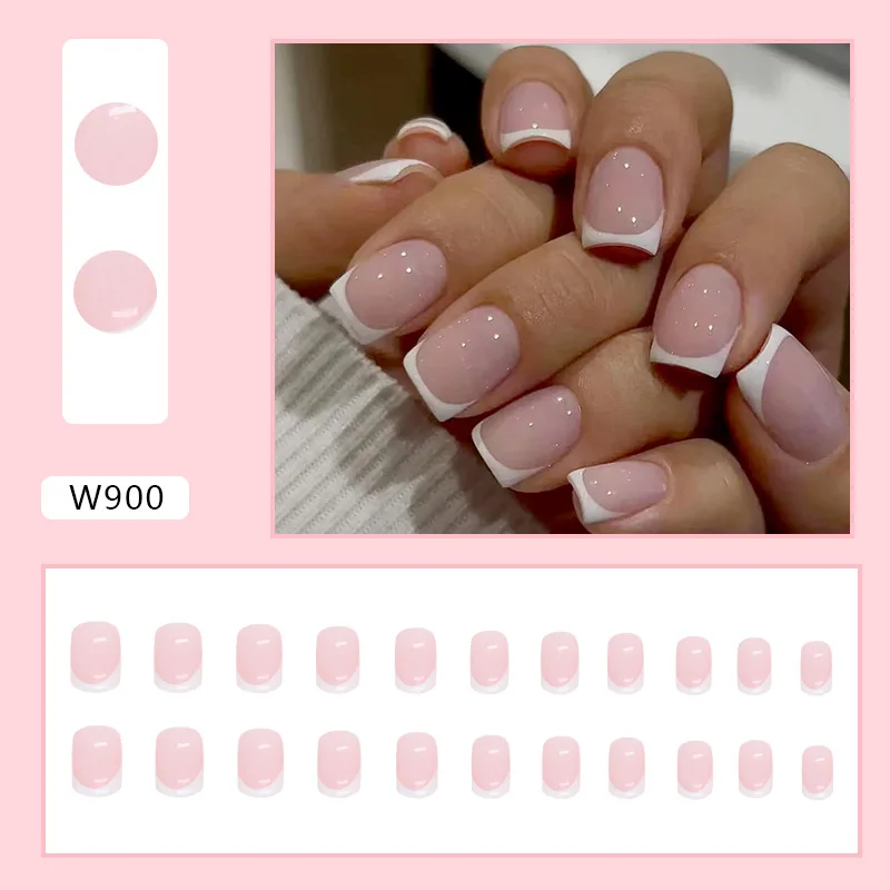 Simple French 24 Pcs Press on Nails Pink Gradient Fake Nails Glossy Artificial Finger Manicure Reusable False Nails for Women