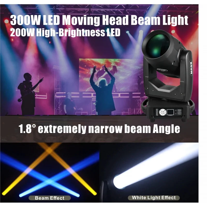 

Factory Direct 300W LED Moving Head Stage Light Beam RGBW Wash 8-facet Prism 1.8 Beam Angle CRI90 DMX512 IP20 Aluminum DJ