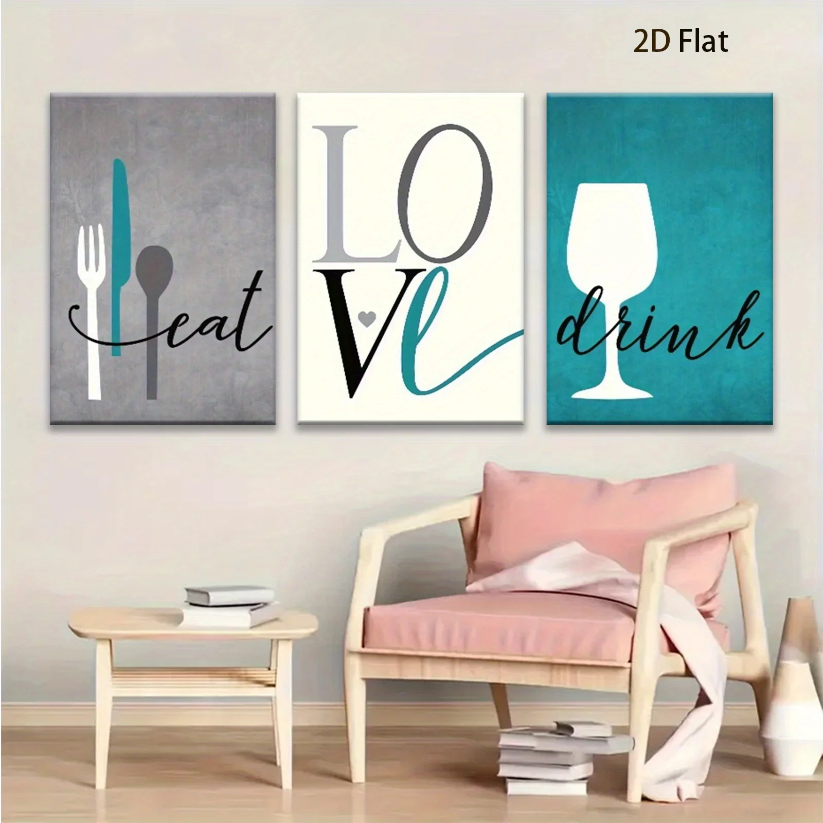 (No frame)2D Flat, 3pcs 2D Flat Designed with Wine Glasses, Forks, Spoons And Knives Art Poster, Suitable for Cafe, Library,