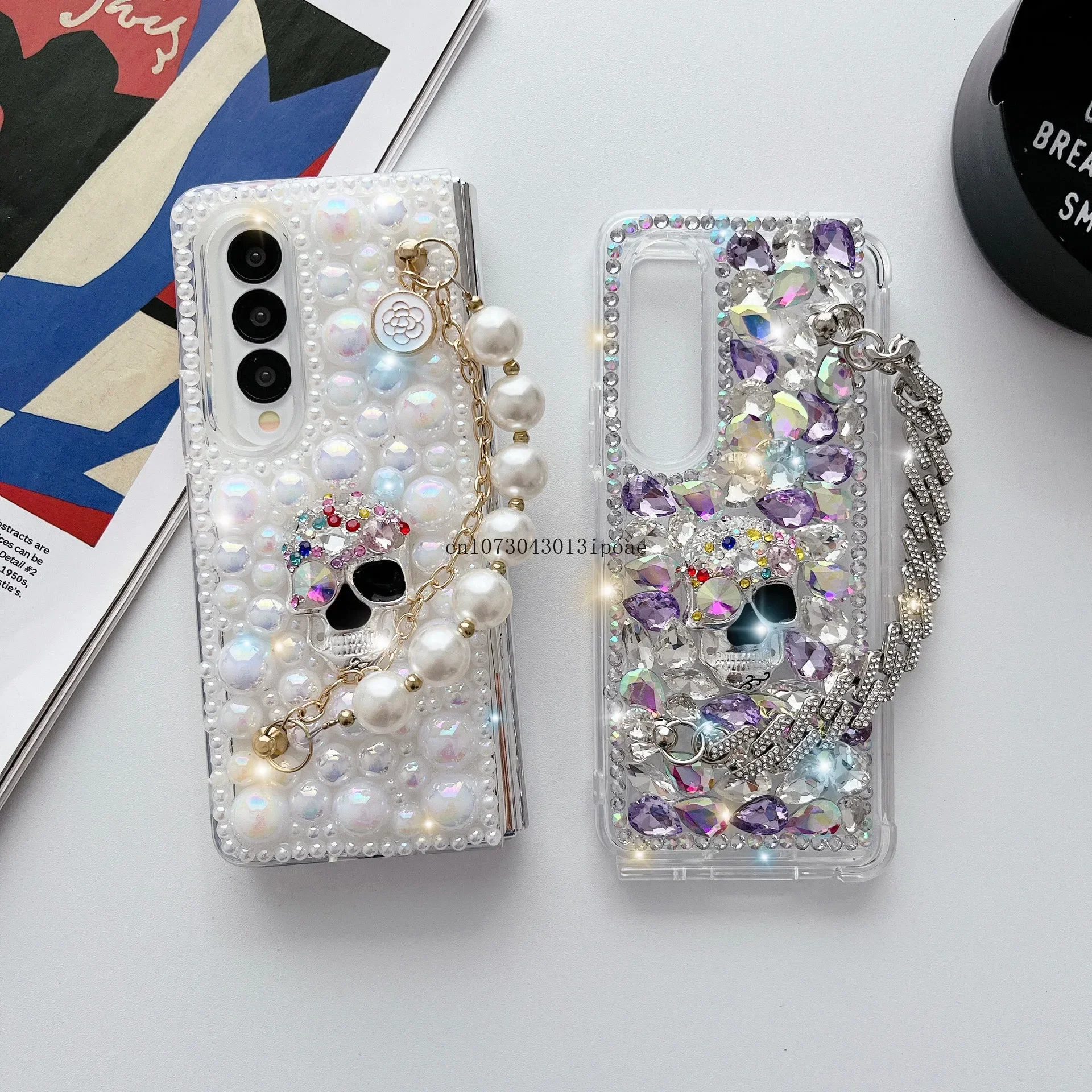 

Luxury rhinestone Skull Head Full of diamonds Bracelet Fold Folding Screen for Samsung fold5 Fold4 Fold3 Shockproof Phone Case