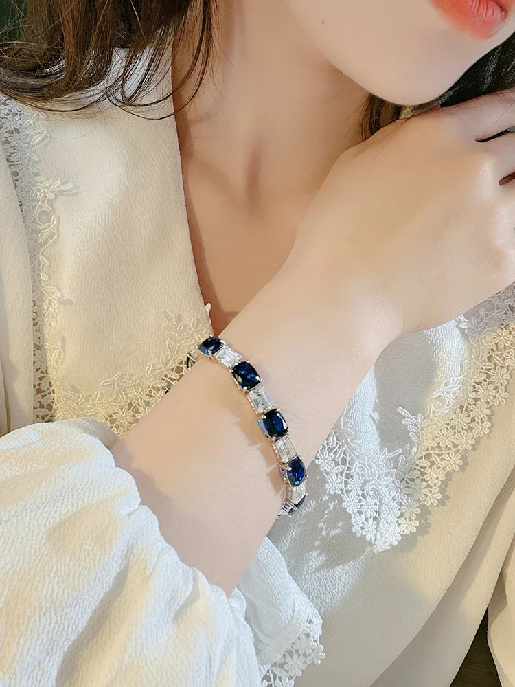 Fashionable Blue Treasure 925 Sterling Silver Bracelet Set with High Carbon Diamonds, Unique Design, Versatile Wedding Jewelry image 4