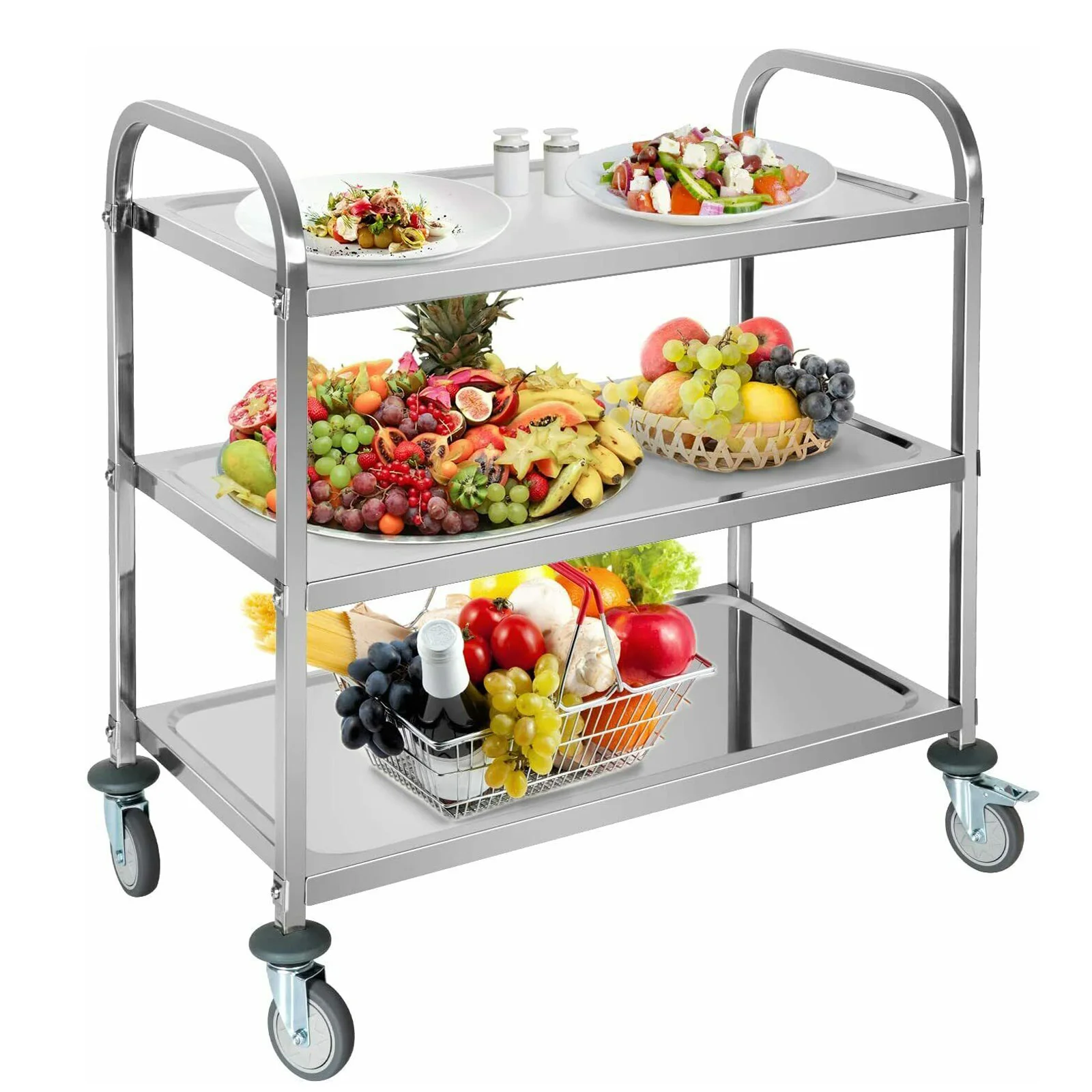 

3-Tier Stainless Steel Utility Cart Kitchen Trolley Cart Island Rolling Serving Cart Catering Storage Shelf with Locking Wheels