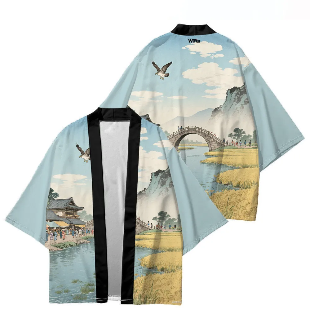 أنيقة المشهد اللوحة كيمونو سترة النمط الصيني الجديد 3D المطبوعة الرعوية كيمونو ثوب النوم الرجال Haori #1