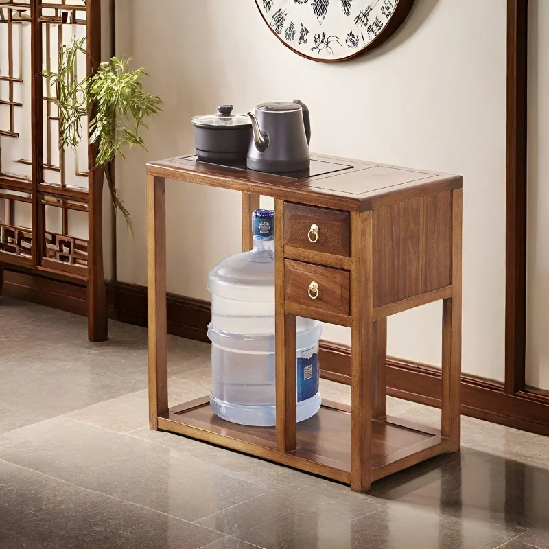 Solid wood new Chinese tea cabinet walnut mobile kettle integrated living room tea table boiling water home can be wholesaled