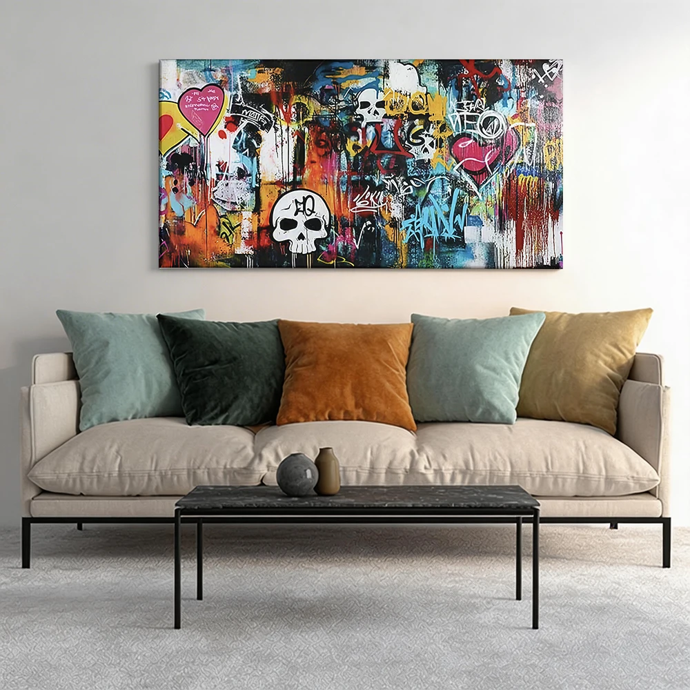 

1pcwooden frame canvas decorative painting Graffiti art, skull, hearts, tags.Corridor, Living Room Decoration