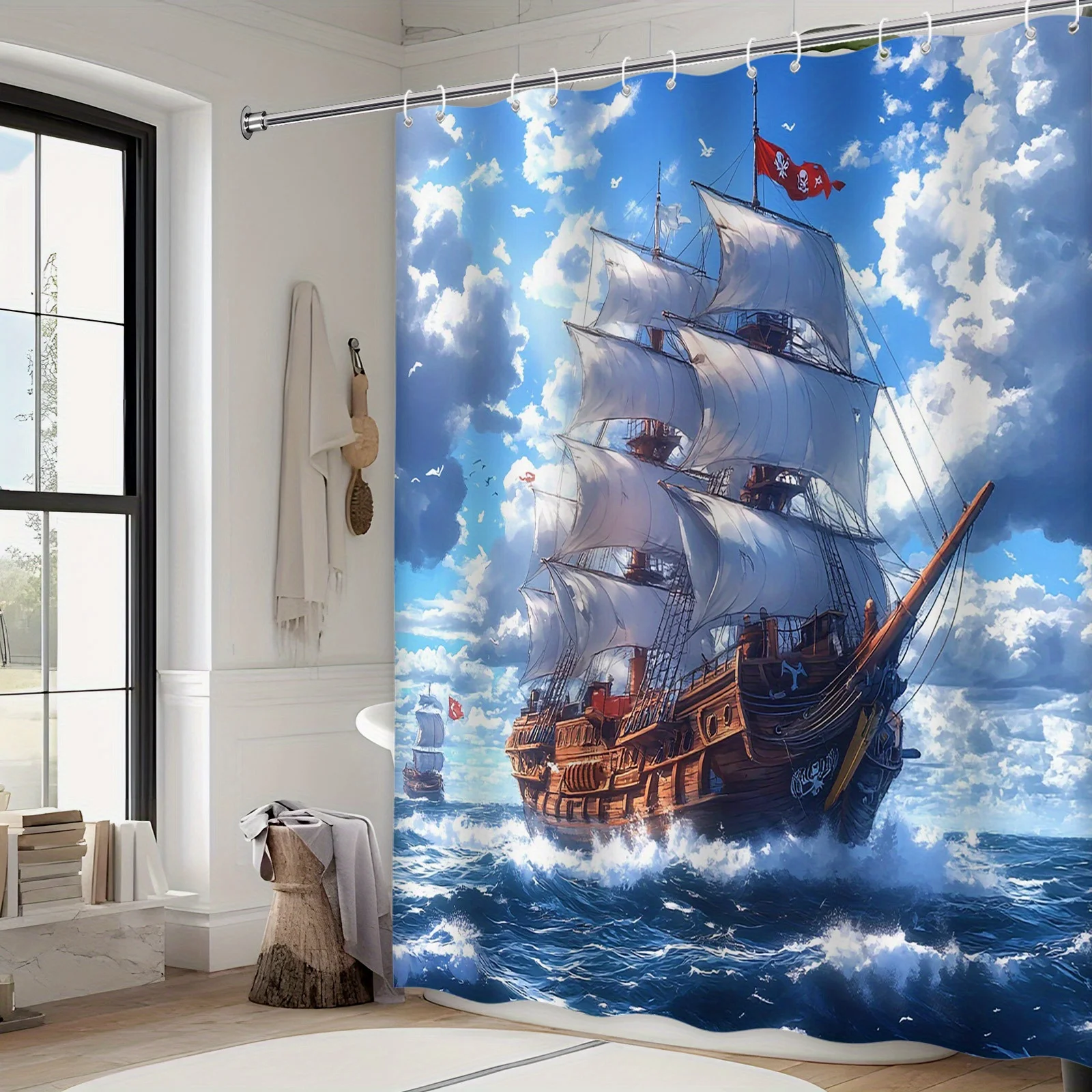 Pirate Ship Stormy Sea Shower Curtain 72x72 Inch Polyester Washable with 12 Hooks Nautical Bathroom Decor