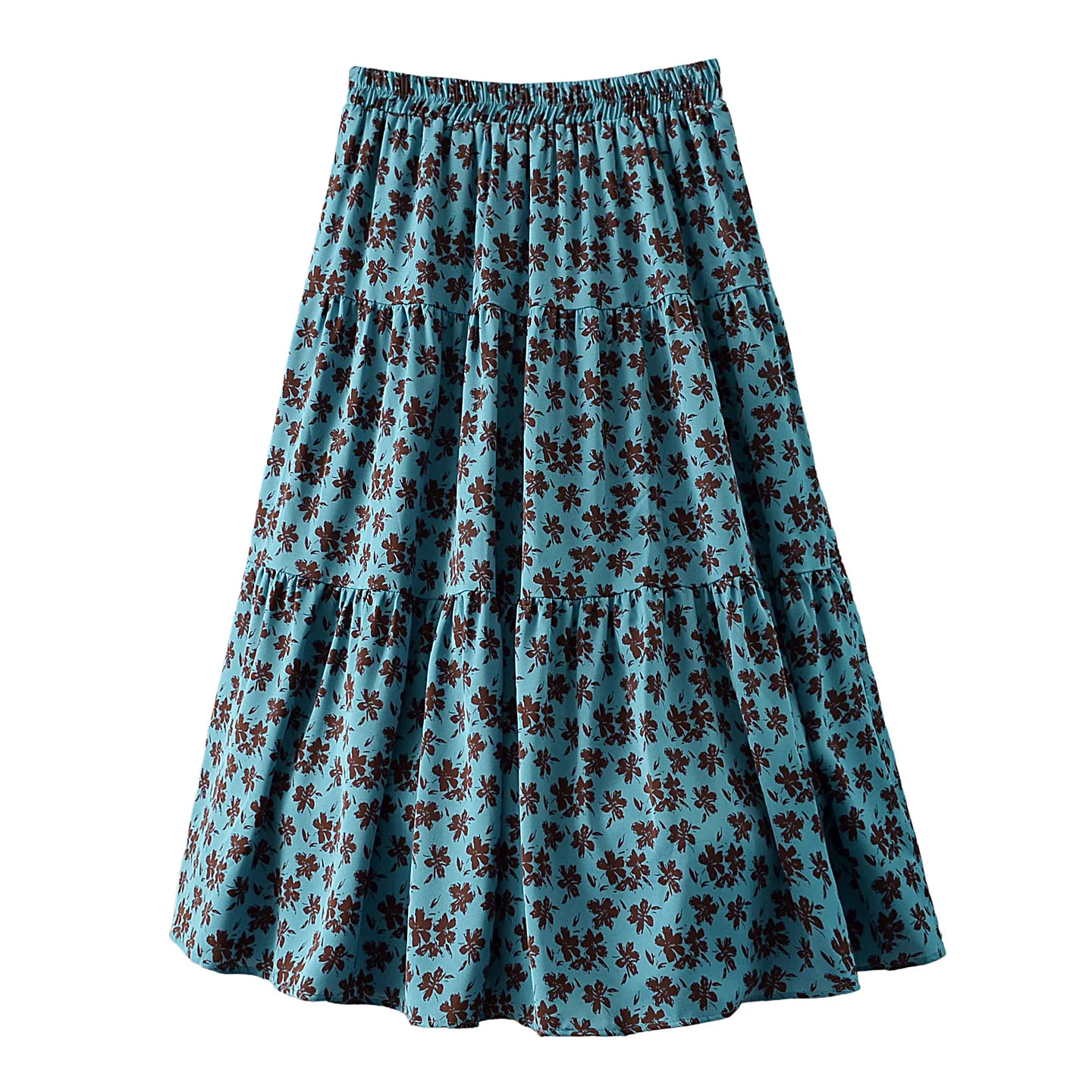 

Plus Size Women's Long Skirts Autumn Of 2025 New Korean-style Fashion Floral Peacock Blue Cake Skirt 5977