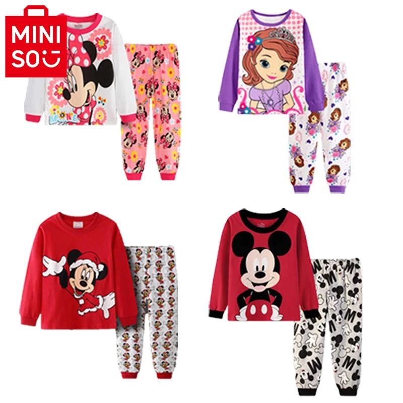 

MINISO Girls Pajamas Sets Kids Toddler 1 to 2 3 4 5 6 7 Years Disney Boutique 100Cotton Minnie Princess Print Two Pieces Pijamas