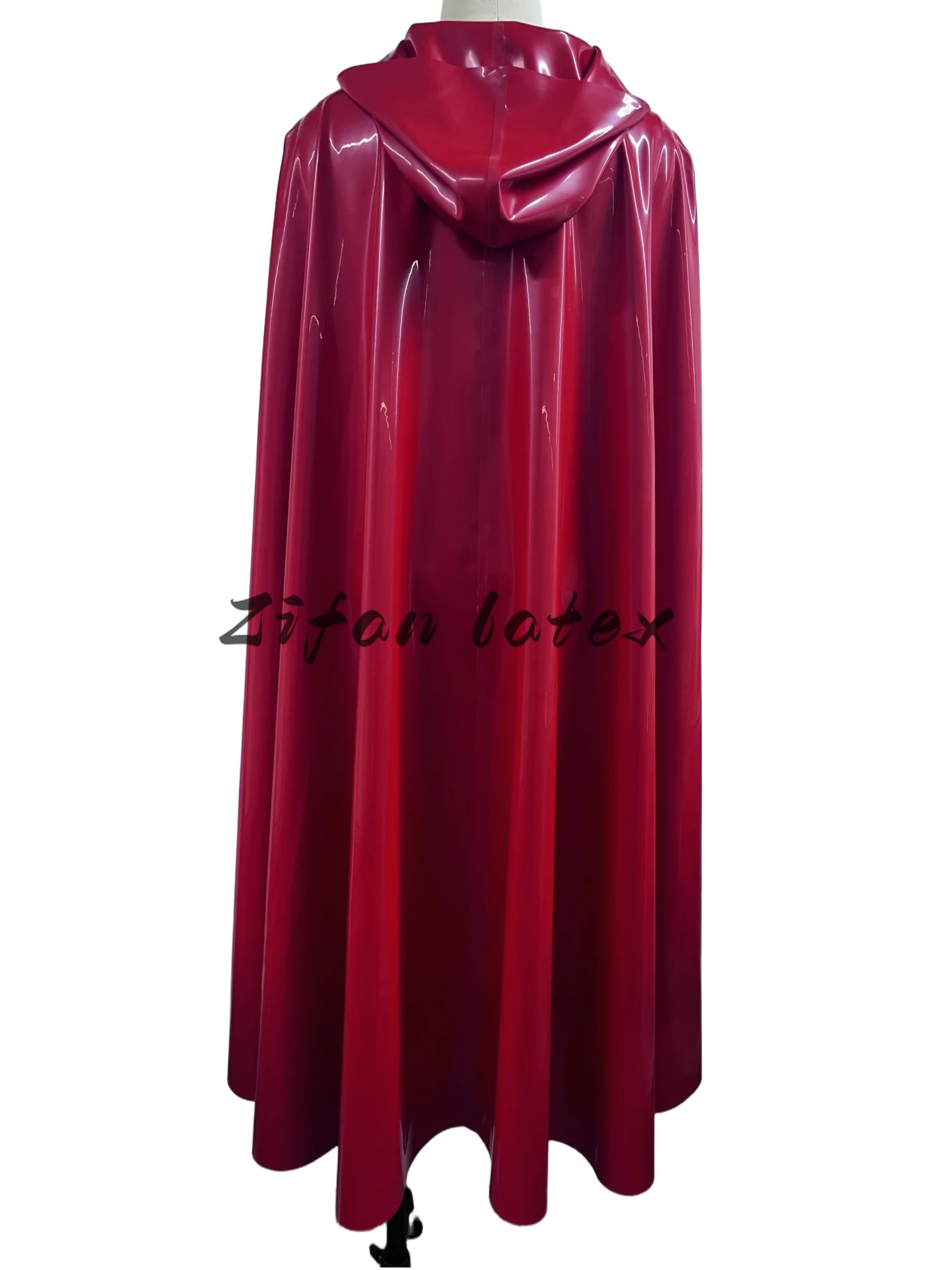 Red Sexy Hoodies Latex Cloak with Neck Button Ankle Length Long Rubber Robe Cape Jackets Top Coat