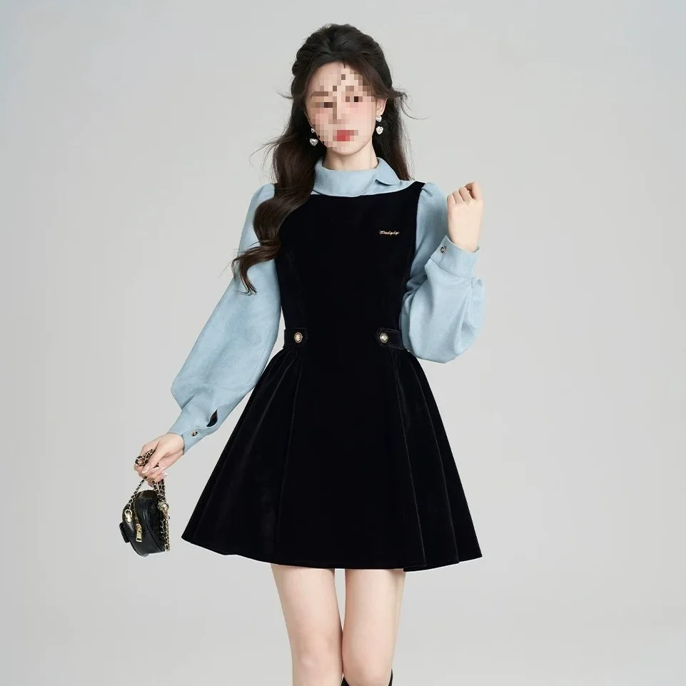 Hebden Style Fake Two-Piece Dress Black A-Line  Dress Slimming Layering Little Black Dress French Style Knitted Cotton Po...